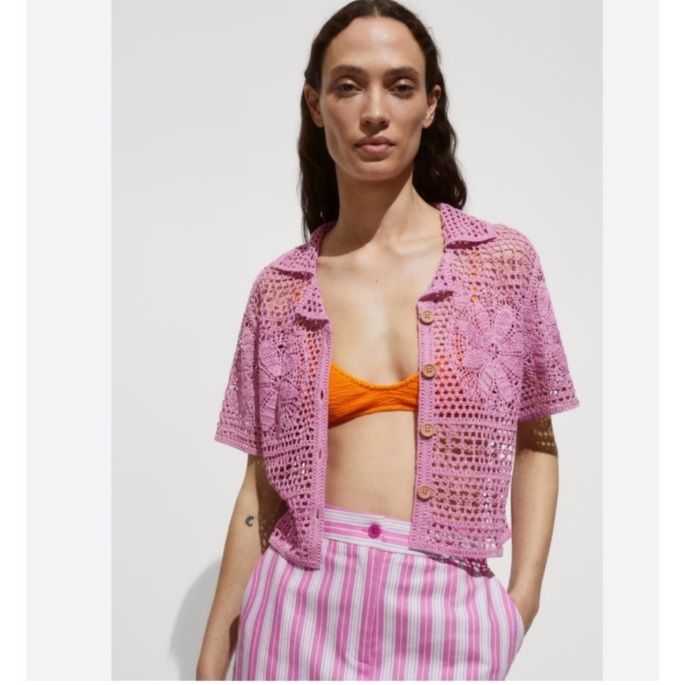 NWT Mango Pink Crochet Knit Button Front Collared Crop Top Boho Resort Size S